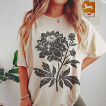 Vintage Linocut Flower Peonies T-Shirt