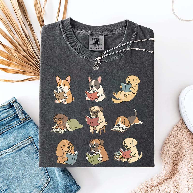 Cute Dogs with Books Animal Graphic T-Shirt