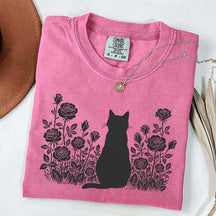 Cottagecore Cat Owner Rose Black T-Shirt