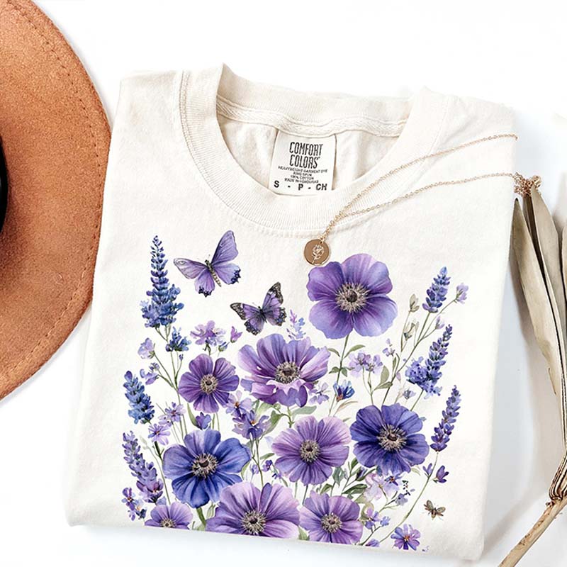 Lavender Floral Butterfly Garden T-Shirt