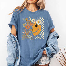 Checkered Boho Floral Fall Face T-Shirt