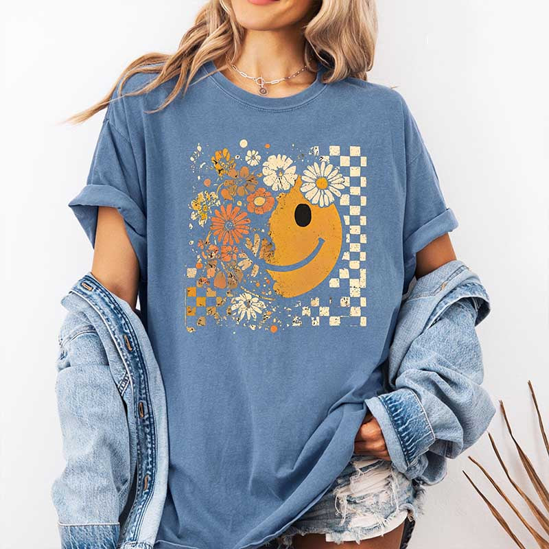 Checkered Boho Floral Fall Face T-Shirt