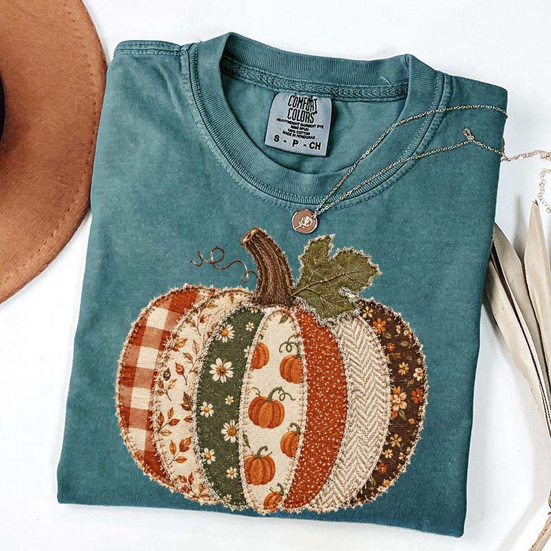 Faux Patchwork Fall Pumpkin Printed T-Shirt