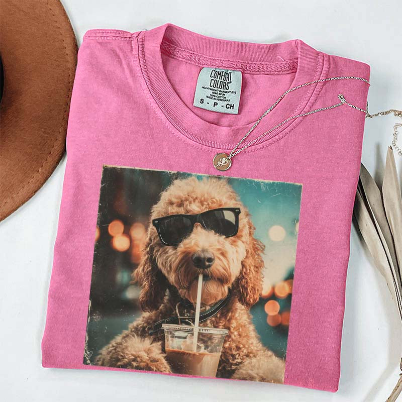 Cute Goldendoodle Drinking Iced Coffee T-Shirt