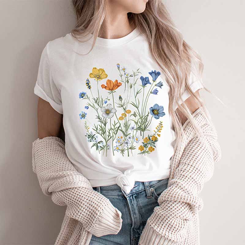 Boho Wildflowers Cottagecore Blue Floral T-Shirt