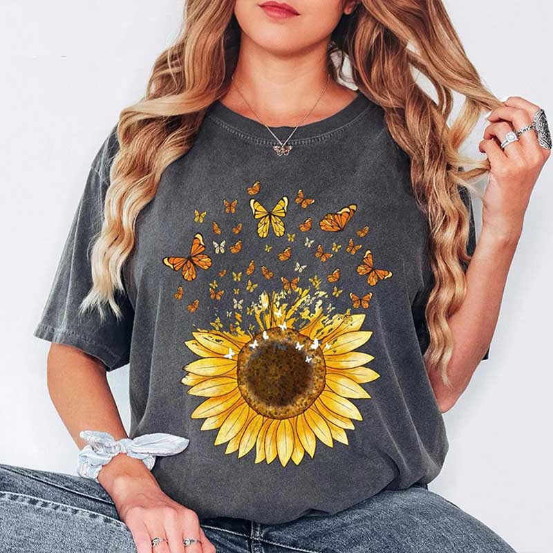 Sunflower Butterfly Floral Botanical T-Shirt