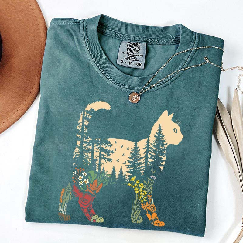 Boho Cat Plants Nature Trees Wild Flowers T-Shirt