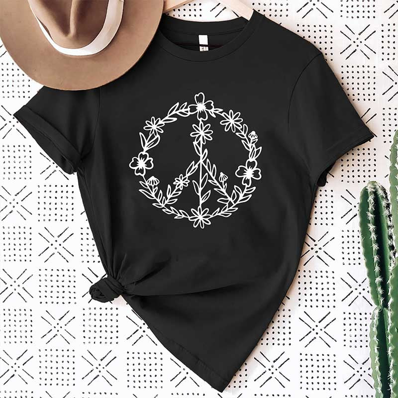 Peace Sign Graphic Floral T-Shirt
