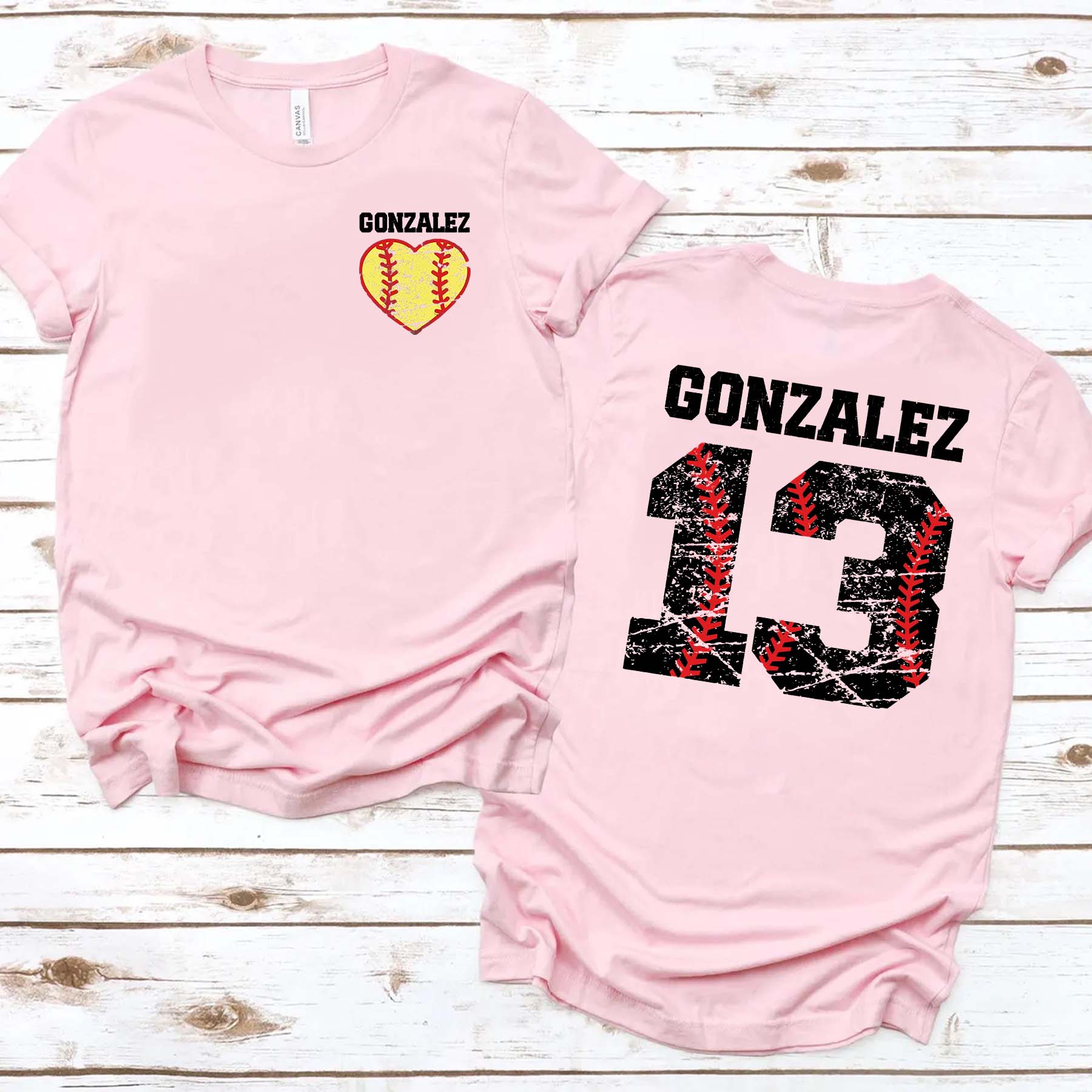 Custom Team Number And Name Softball Heart T-Shirt