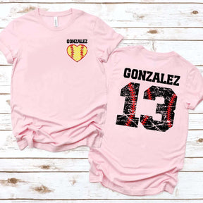 Custom Team Number And Name Softball Heart T-Shirt