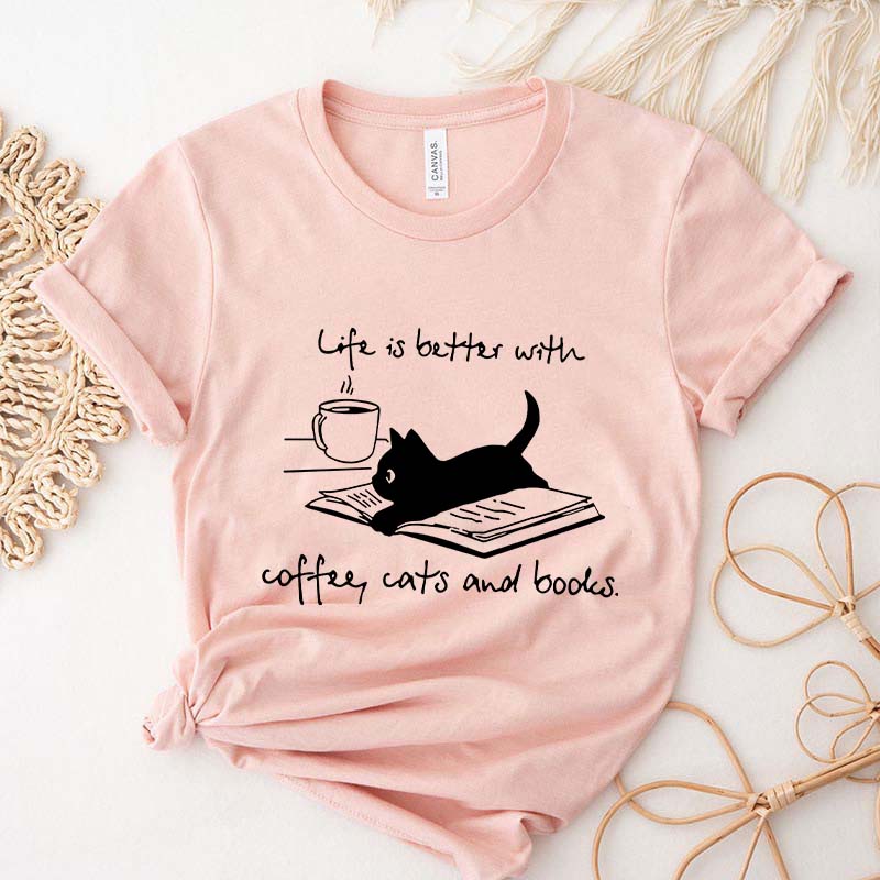 Funny Cats and Books Design T-Shirt