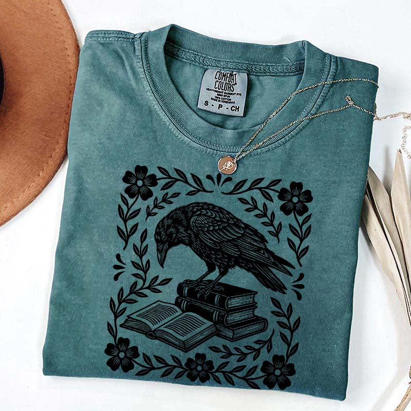 Retro Bookish Raven Linocut T-Shirt