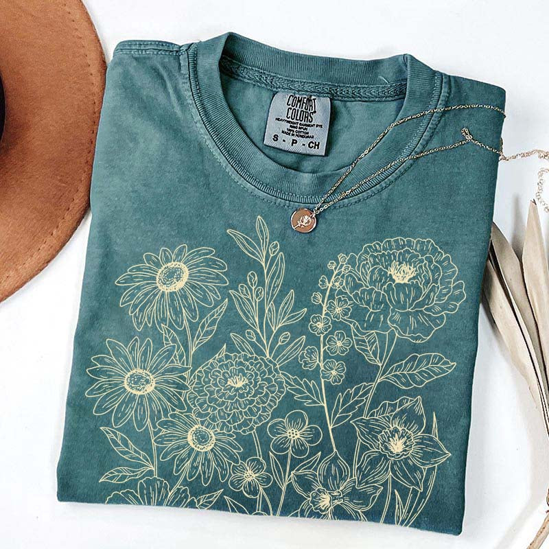 Vintage Pressed Flowers Minimalist Line T-Shirt