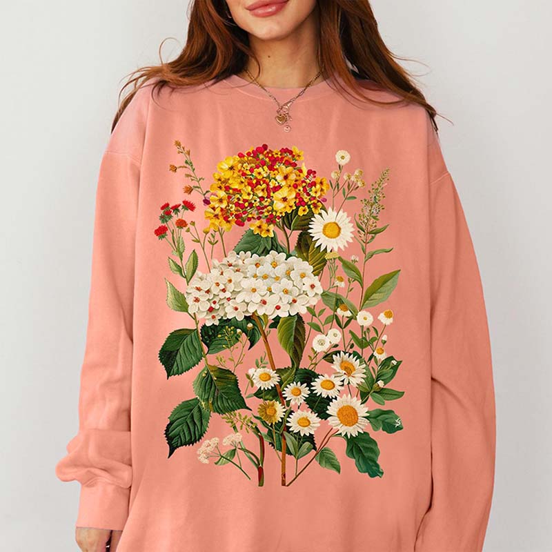Hydrangeas Daisies Vintage Pressed Flowers Sweatshirt