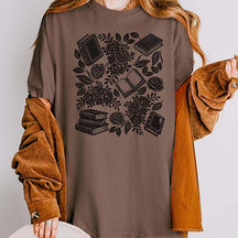 Linocut Books and Flowers T-Shirt