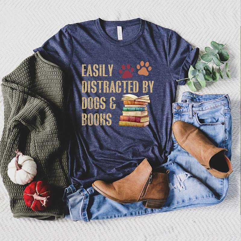 Easily Distracted By Dogs And Books Lover T-Shirt