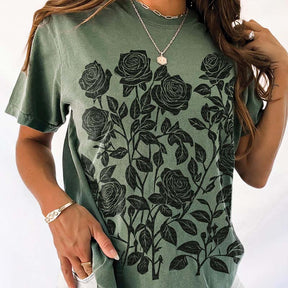 Vintage Linocut Flower Block Print Roses T-Shirt