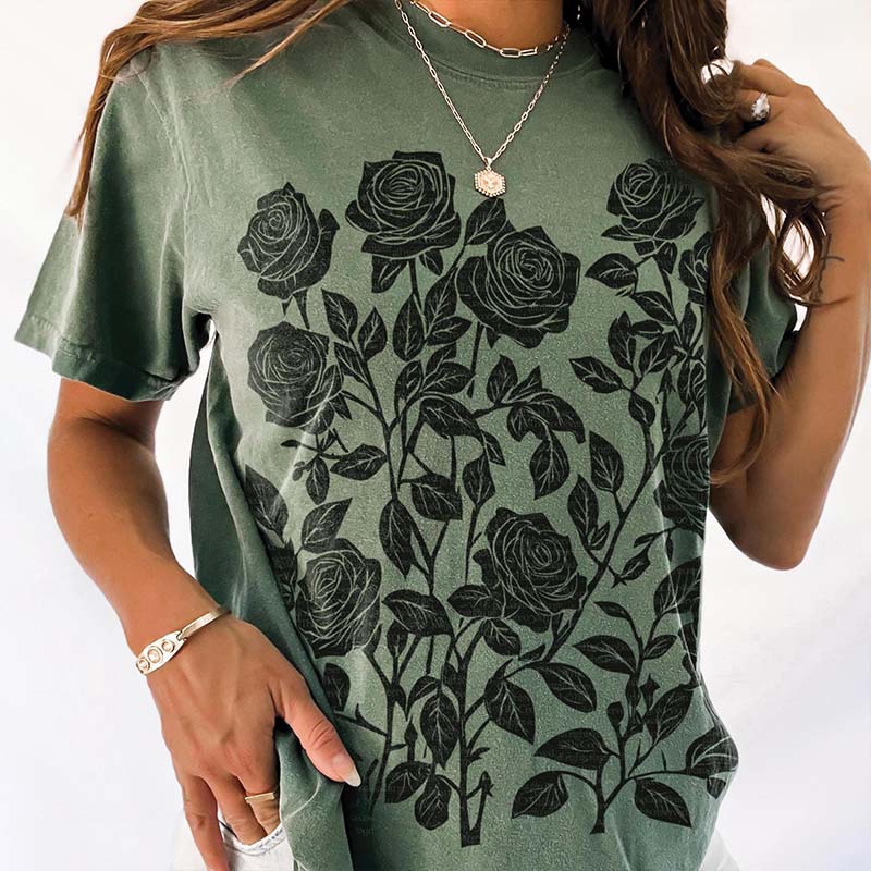 Vintage Linocut Flower Block Print Roses T-Shirt