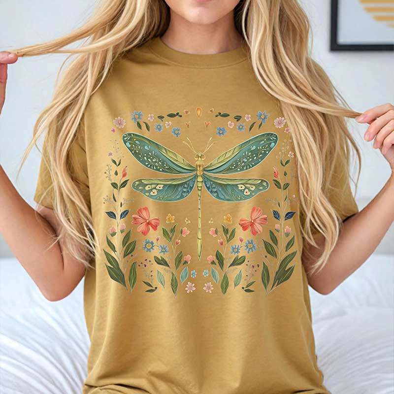 Dragonfly Watercolor Floral Graphic T-Shirt