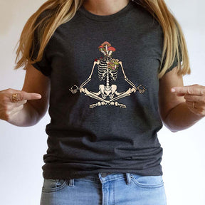 Skeletons Yoga Meditation Mushrooms And Flowers T-Shirt