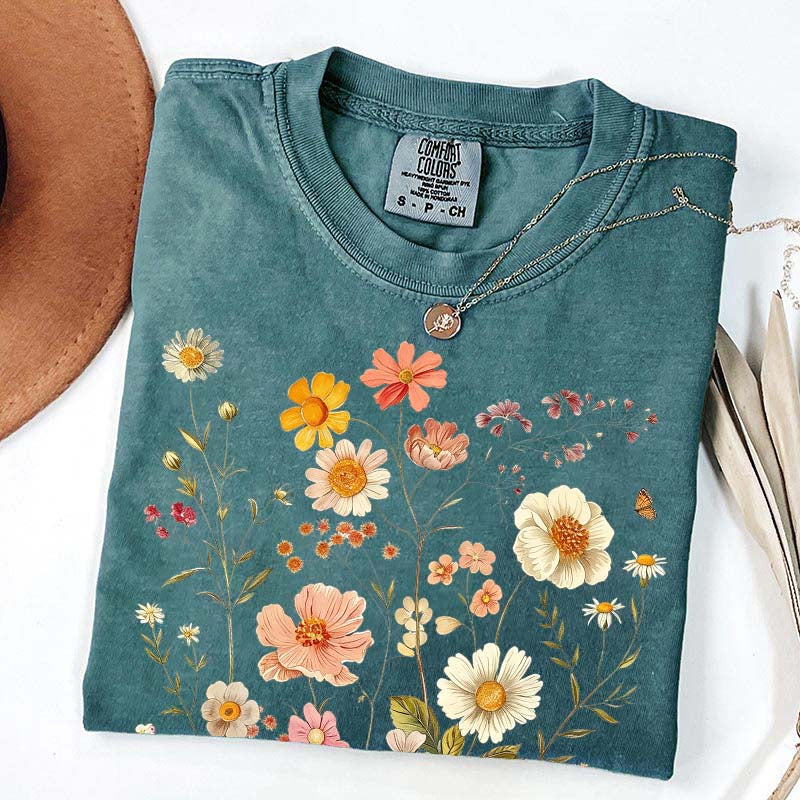 Vintage Delicate Printed Wild Flowers Boho T-Shirt