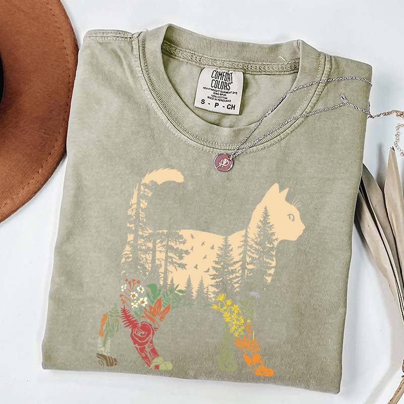 Boho Cat Plants Nature Trees Wild Flowers T-Shirt