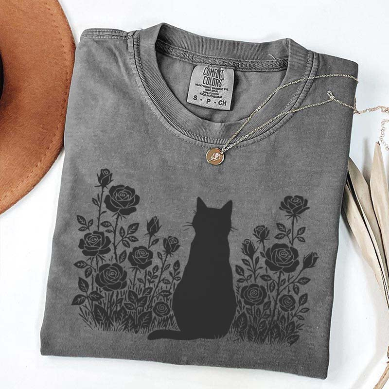 Cottagecore Cat Owner Rose Black T-Shirt