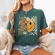 Checkered Boho Floral Fall Face T-Shirt