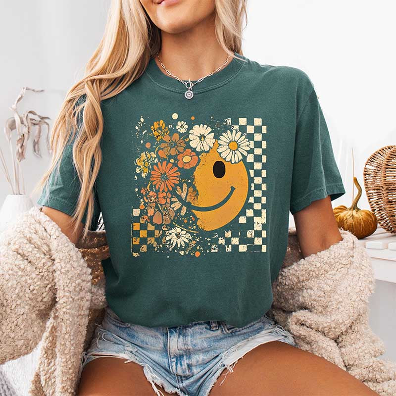 Checkered Boho Floral Fall Face T-Shirt