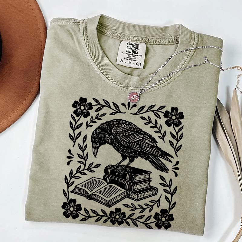 Retro Bookish Raven Linocut T-Shirt