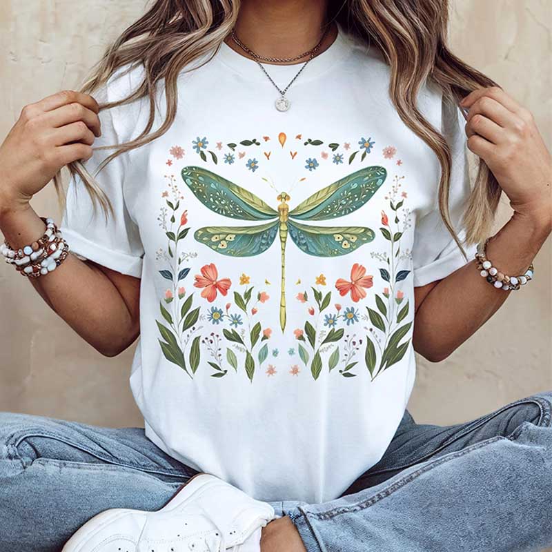 Dragonfly Watercolor Floral Graphic T-Shirt