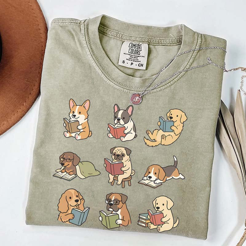 Cute Dogs with Books Animal Graphic T-Shirt