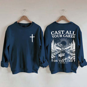Cast All Your Cares Lord 1 Peter 5:7 Nature River Fishing Boat Sweatshirt