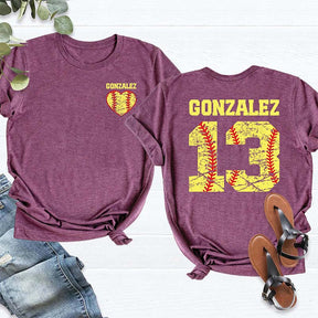 Custom Team Number And Name Softball Heart T-Shirt