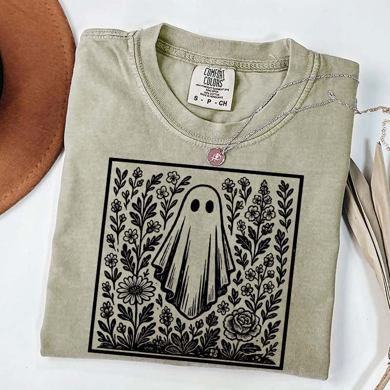 Vintage Wildflowers Graphic With Ghost T-Shirt