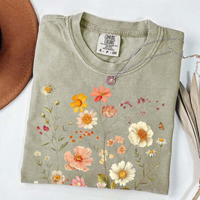 Vintage Delicate Printed Wild Flowers Boho T-Shirt