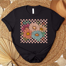 Retro Checkered Flowers Cute T-Shirt