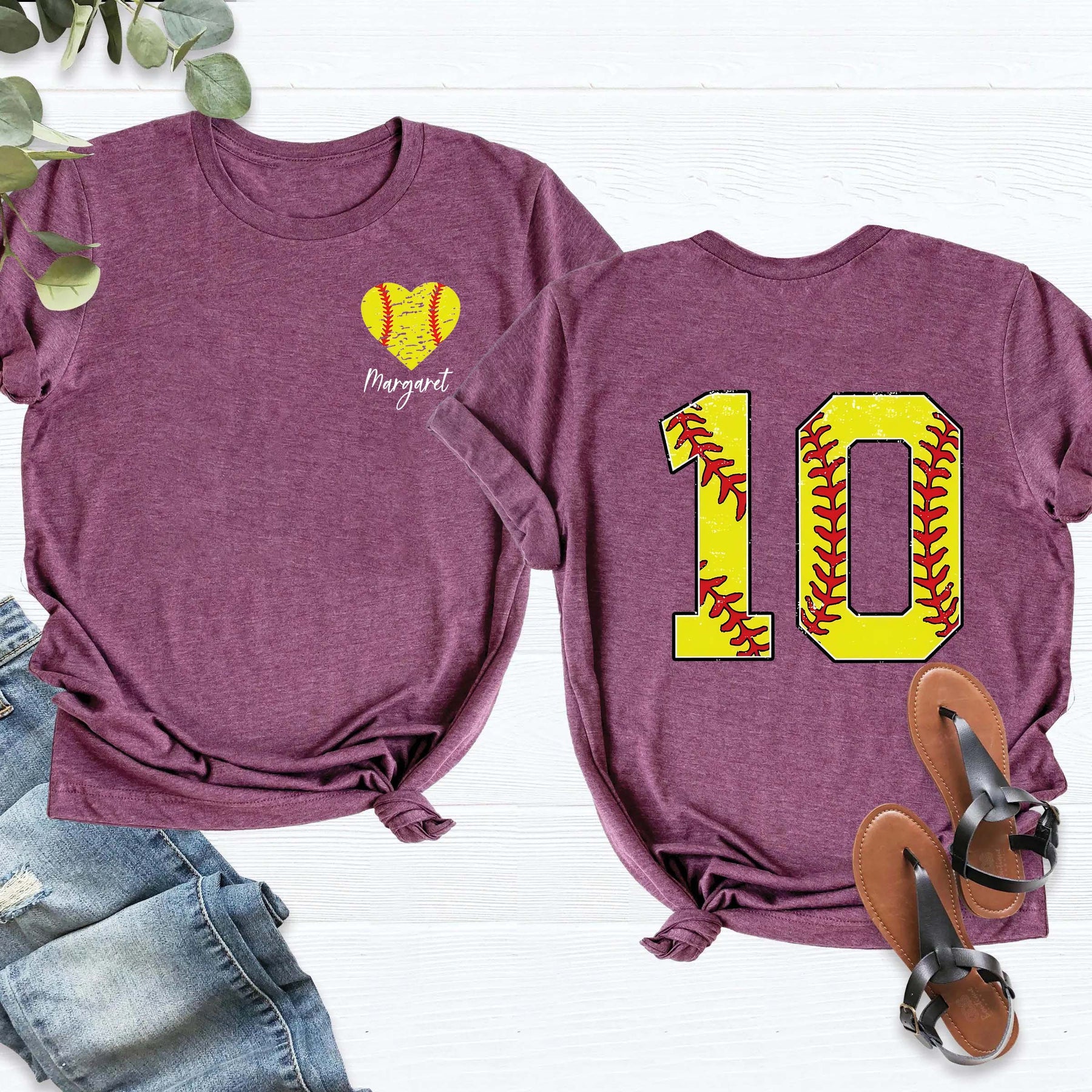 Custom Number And Name Softball Heart T-Shirt
