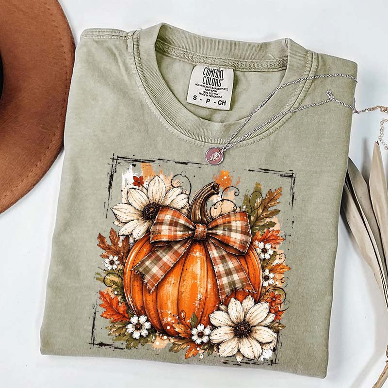 Pumpkin Bow Fall Graphic Floral T-Shirt