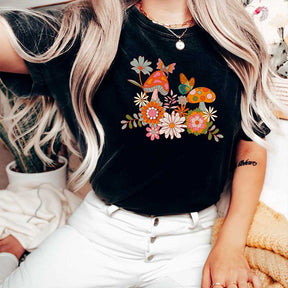 Retro Mushrooms Flowers and Butterflies T-Shirt