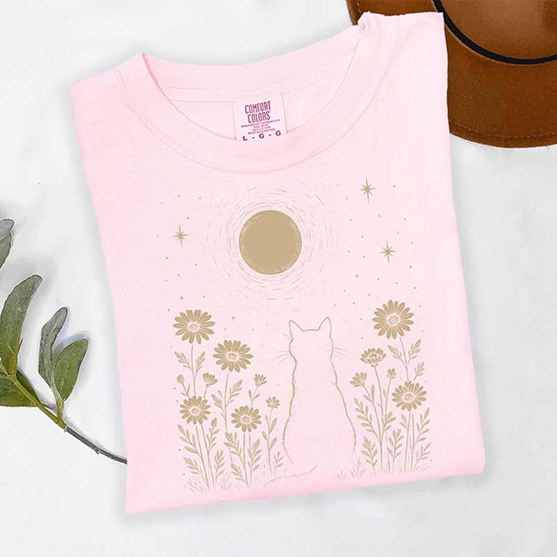 Minimalist Cat Moon Night Sky Floral T-Shirt