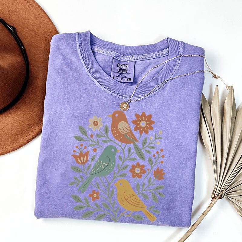 Boho Cottagecore Birds and Flowers T-Shirt