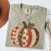 Faux Patchwork Fall Pumpkin Printed T-Shirt