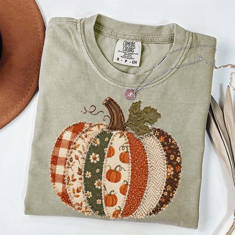Faux Patchwork Fall Pumpkin Printed T-Shirt