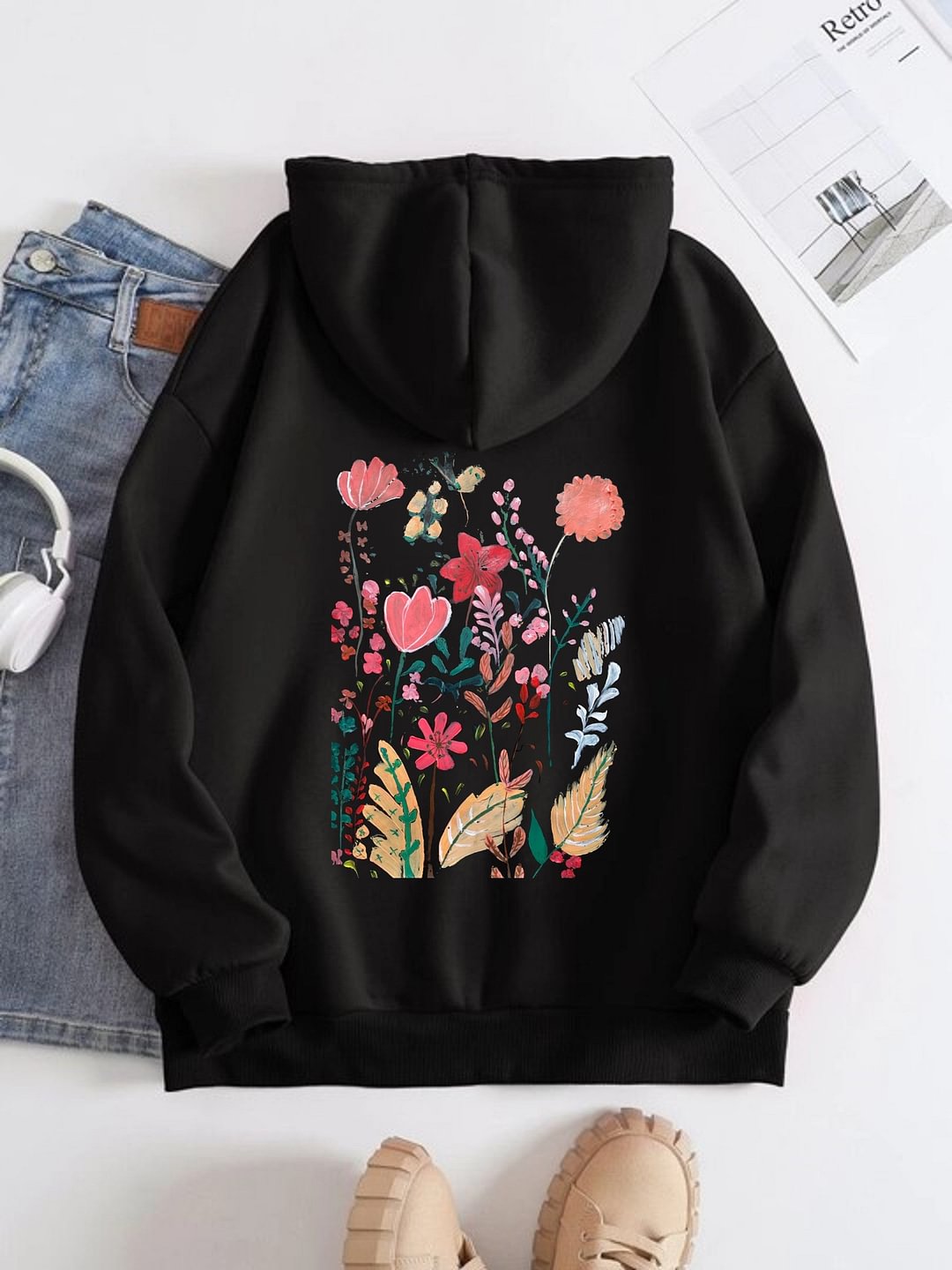 Peinture acrylique de modèle de fleurs Imprimé sur le sweat à capuche arrière pour les femmes