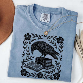 Retro Bookish Raven Linocut T-Shirt