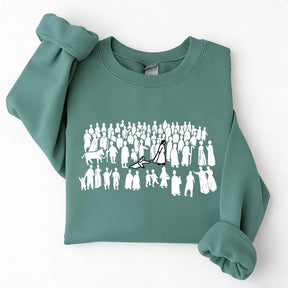 Woman Touches Religous Sweatshirt