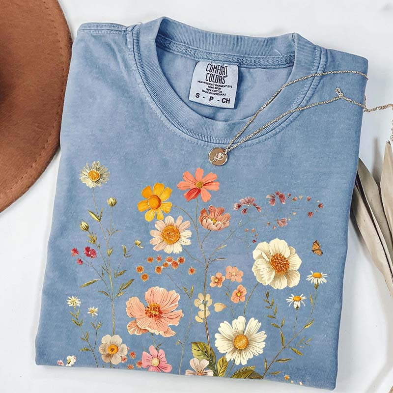 Vintage Delicate Printed Wild Flowers Boho T-Shirt