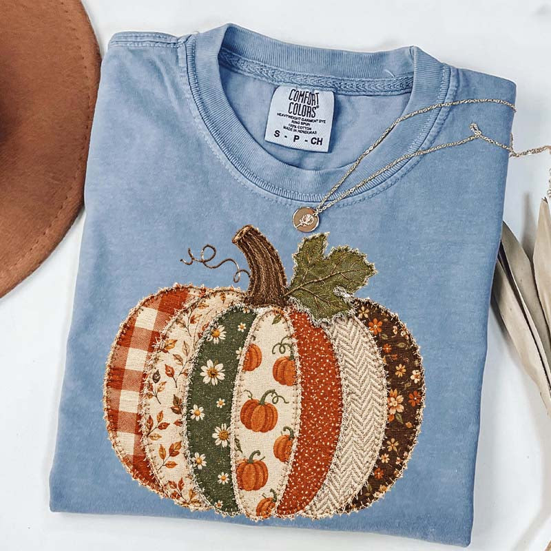 Faux Patchwork Fall Pumpkin Printed T-Shirt