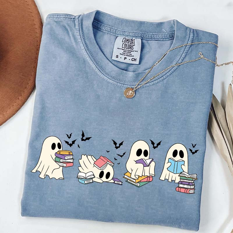 Cute Ghost Reading Book Halloween T-Shirt